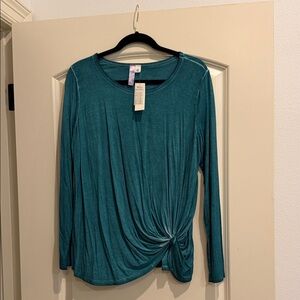 Francesca's Collections Teal Knot-Front Long Sleeve Top